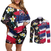Hawaiian Flag Day Couples Matching Off Shoulder Short Dress and Long Sleeve Button Shirt Tropical Flowers and Leaves