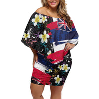 Hawaiian Flag Day Family Matching Off Shoulder Short Dress and Hawaiian Shirt Tropical Flowers and Leaves