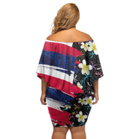 Hawaiian Flag Day Family Matching Off Shoulder Short Dress and Hawaiian Shirt Tropical Flowers and Leaves