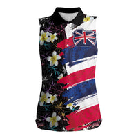 Hawaiian Flag Day Women Sleeveless Polo Shirt Tropical Flowers and Leaves LT03 Female Black - Polynesian Pride