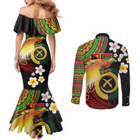 Vanuatu and Papua New Guinea Together Couples Matching Mermaid Dress and Long Sleeve Button Shirt Bird-of-paradise and Pig Tusk Melanesian Pattern LT03 - Polynesian Pride