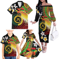 Vanuatu and Papua New Guinea Together Family Matching Off The Shoulder Long Sleeve Dress and Hawaiian Shirt Bird-of-paradise and Pig Tusk Melanesian Pattern LT03 - Polynesian Pride