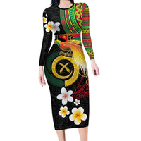 Vanuatu and Papua New Guinea Together Long Sleeve Bodycon Dress Bird-of-paradise and Pig Tusk Melanesian Pattern LT03 Long Dress Black - Polynesian Pride
