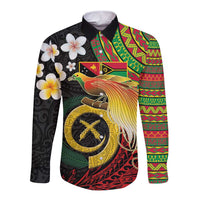 Vanuatu and Papua New Guinea Together Long Sleeve Button Shirt Bird-of-paradise and Pig Tusk Melanesian Pattern LT03 Unisex Black - Polynesian Pride