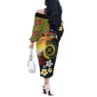 Vanuatu and Papua New Guinea Together Off The Shoulder Long Sleeve Dress Bird-of-paradise and Pig Tusk Melanesian Pattern