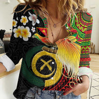 Vanuatu and Papua New Guinea Together Women Casual Shirt Bird-of-paradise and Pig Tusk Melanesian Pattern LT03 Female Black - Polynesian Pride