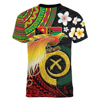 Vanuatu and Papua New Guinea Together Women V-Neck T-Shirt Bird-of-paradise and Pig Tusk Melanesian Pattern LT03 - Polynesian Pride