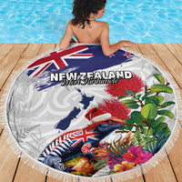 New Zealand Christmas Beach Blanket Meri Kirihimete-Tuatara and Pohutukawa White Color LT03 - Polynesian Pride