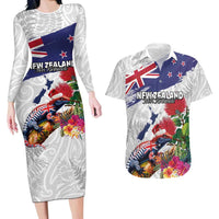 New Zealand Christmas Couples Matching Long Sleeve Bodycon Dress and Hawaiian Shirt Meri Kirihimete-Tuatara and Pohutukawa White Color LT03 White - Polynesian Pride