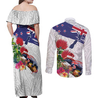 New Zealand Christmas Couples Matching Off Shoulder Maxi Dress and Long Sleeve Button Shirt Meri Kirihimete-Tuatara and Pohutukawa White Color LT03 - Polynesian Pride