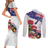 New Zealand Christmas Couples Matching Short Sleeve Bodycon Dress and Long Sleeve Button Shirt Meri Kirihimete-Tuatara and Pohutukawa White Color LT03 - Polynesian Pride