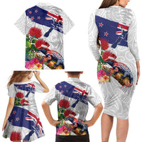 New Zealand Christmas Family Matching Long Sleeve Bodycon Dress and Hawaiian Shirt Meri Kirihimete-Tuatara and Pohutukawa White Color LT03 - Polynesian Pride