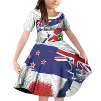 New Zealand Christmas Family Matching Off Shoulder Short Dress and Hawaiian Shirt Meri Kirihimete-Tuatara and Pohutukawa White Color LT03 Daughter's Dress White - Polynesian Pride