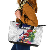 New Zealand Christmas Leather Tote Bag Meri Kirihimete-Tuatara and Pohutukawa White Color LT03 White - Polynesian Pride