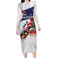 New Zealand Christmas Long Sleeve Bodycon Dress Meri Kirihimete-Tuatara and Pohutukawa White Color LT03 Long Dress White - Polynesian Pride