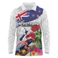 New Zealand Christmas Long Sleeve Polo Shirt Meri Kirihimete-Tuatara and Pohutukawa White Color LT03 White - Polynesian Pride