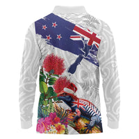 New Zealand Christmas Long Sleeve Polo Shirt Meri Kirihimete-Tuatara and Pohutukawa White Color LT03 - Polynesian Pride