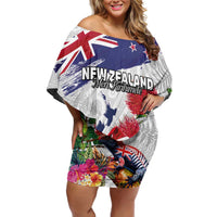 New Zealand Christmas Off Shoulder Short Dress Meri Kirihimete-Tuatara and Pohutukawa White Color LT03 Women White - Polynesian Pride