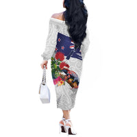 New Zealand Christmas Off The Shoulder Long Sleeve Dress Meri Kirihimete-Tuatara and Pohutukawa White Color LT03 - Polynesian Pride