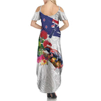 New Zealand Christmas Summer Maxi Dress Meri Kirihimete-Tuatara and Pohutukawa White Color LT03 - Polynesian Pride