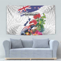 New Zealand Christmas Tapestry Meri Kirihimete-Tuatara and Pohutukawa White Color LT03 - Polynesian Pride