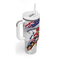 New Zealand Christmas Tumbler With Handle Meri Kirihimete-Tuatara and Pohutukawa White Color LT03 - Polynesian Pride