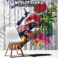 New Zealand Christmas Window Curtain Meri Kirihimete-Tuatara and Pohutukawa White Color LT03 - Polynesian Pride