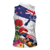 New Zealand Christmas Women Sleeveless Polo Shirt Meri Kirihimete-Tuatara and Pohutukawa White Color LT03 - Polynesian Pride
