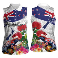 New Zealand Christmas Women Sleeveless Polo Shirt Meri Kirihimete-Tuatara and Pohutukawa White Color LT03 - Polynesian Pride