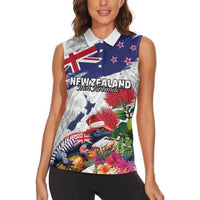 New Zealand Christmas Women Sleeveless Polo Shirt Meri Kirihimete-Tuatara and Pohutukawa White Color LT03 - Polynesian Pride