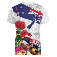 New Zealand Christmas Women V-Neck T-Shirt Meri Kirihimete-Tuatara and Pohutukawa White Color LT03 - Polynesian Pride