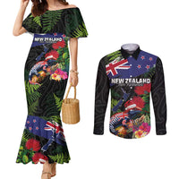New Zealand Christmas Couples Matching Mermaid Dress and Long Sleeve Button Shirt Meri Kirihimete-Tuatara and Pohutukawa Black Color LT03 Black - Polynesian Pride