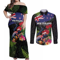 New Zealand Christmas Couples Matching Off Shoulder Maxi Dress and Long Sleeve Button Shirt Meri Kirihimete-Tuatara and Pohutukawa Black Color LT03 Black - Polynesian Pride