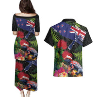 New Zealand Christmas Couples Matching Puletasi and Hawaiian Shirt Meri Kirihimete-Tuatara and Pohutukawa Black Color LT03 - Polynesian Pride