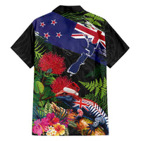 New Zealand Christmas Family Matching Off The Shoulder Long Sleeve Dress and Hawaiian Shirt Meri Kirihimete-Tuatara and Pohutukawa Black Color LT03 - Polynesian Pride