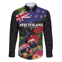 New Zealand Christmas Family Matching Off Shoulder Short Dress and Hawaiian Shirt Meri Kirihimete-Tuatara and Pohutukawa Black Color LT03 Dad's Shirt - Long Sleeve Black - Polynesian Pride
