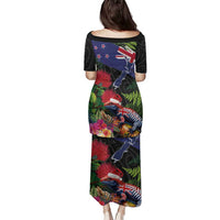 New Zealand Christmas Family Matching Puletasi and Hawaiian Shirt Meri Kirihimete-Tuatara and Pohutukawa Black Color LT03 - Polynesian Pride