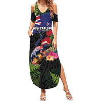 New Zealand Christmas Family Matching Summer Maxi Dress and Hawaiian Shirt Meri Kirihimete-Tuatara and Pohutukawa Black Color LT03 Mom's Dress Black - Polynesian Pride
