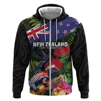 New Zealand Christmas Hoodie Meri Kirihimete-Tuatara and Pohutukawa Black Color LT03 Zip Hoodie Black - Polynesian Pride