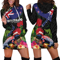 New Zealand Christmas Hoodie Dress Meri Kirihimete-Tuatara and Pohutukawa Black Color LT03 - Polynesian Pride