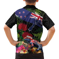 New Zealand Christmas Kid Hawaiian Shirt Meri Kirihimete-Tuatara and Pohutukawa Black Color LT03 - Polynesian Pride
