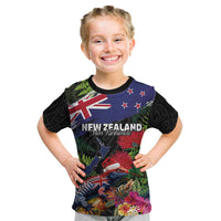 New Zealand Christmas Kid T Shirt Meri Kirihimete-Tuatara and Pohutukawa Black Color LT03 Black - Polynesian Pride