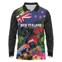 New Zealand Christmas Long Sleeve Polo Shirt Meri Kirihimete-Tuatara and Pohutukawa Black Color LT03 Black - Polynesian Pride