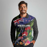 New Zealand Christmas Long Sleeve Polo Shirt Meri Kirihimete-Tuatara and Pohutukawa Black Color LT03 - Polynesian Pride