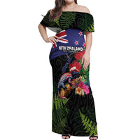 New Zealand Christmas Off Shoulder Maxi Dress Meri Kirihimete-Tuatara and Pohutukawa Black Color LT03 Women Black - Polynesian Pride