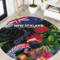 New Zealand Christmas Round Carpet Meri Kirihimete-Tuatara and Pohutukawa Black Color LT03 Black - Polynesian Pride