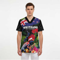 New Zealand Christmas Scrub Top Meri Kirihimete-Tuatara and Pohutukawa Black Color LT03 - Polynesian Pride