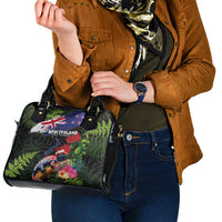 New Zealand Christmas Shoulder Handbag Meri Kirihimete-Tuatara and Pohutukawa Black Color LT03 - Polynesian Pride
