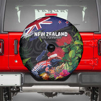 New Zealand Christmas Spare Tire Cover Meri Kirihimete-Tuatara and Pohutukawa Black Color LT03 - Polynesian Pride