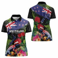 New Zealand Christmas Women Polo Shirt Meri Kirihimete-Tuatara and Pohutukawa Black Color LT03 - Polynesian Pride